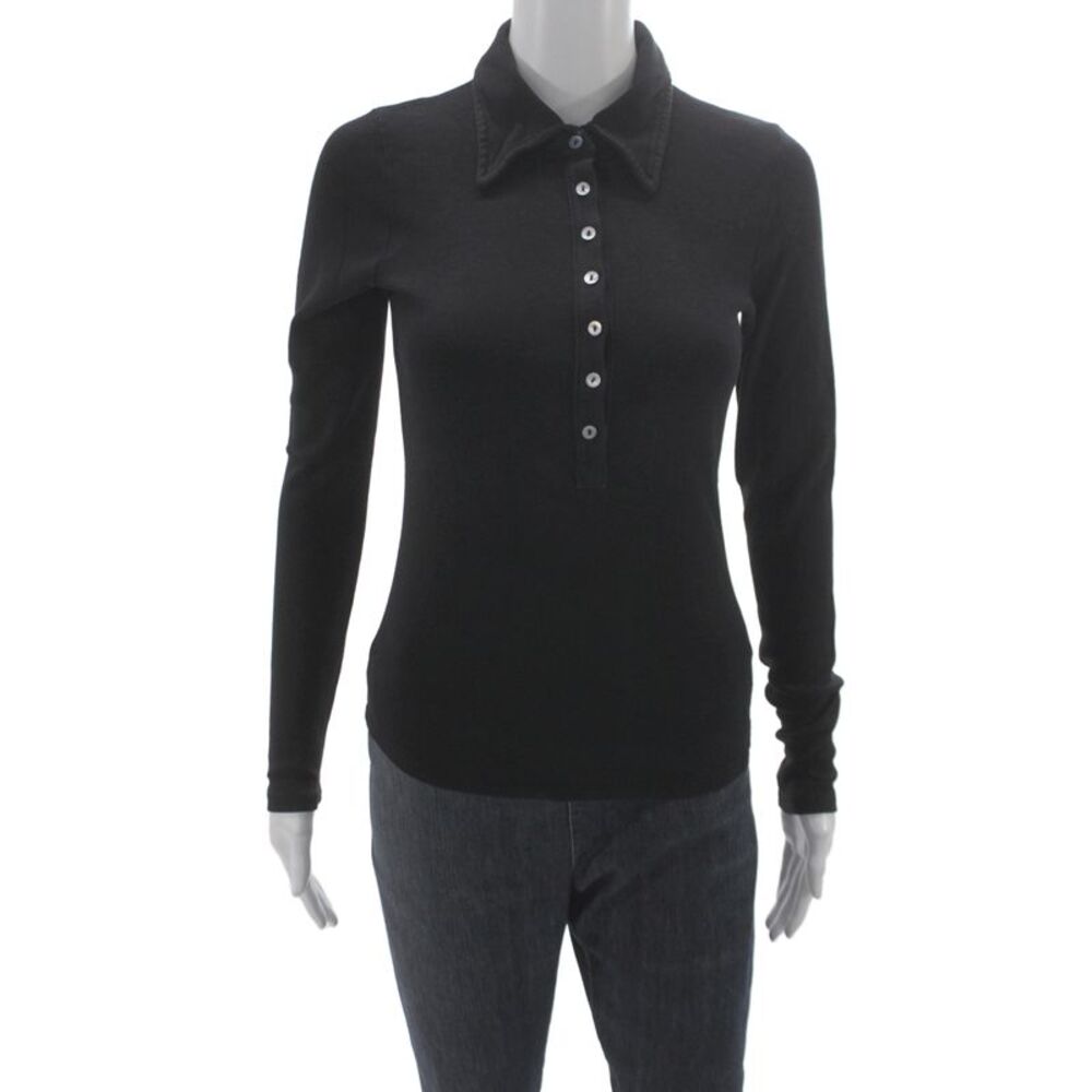 Juicy Couture Womens Basic Black Long Sleeve Collared Button Polo Size 2